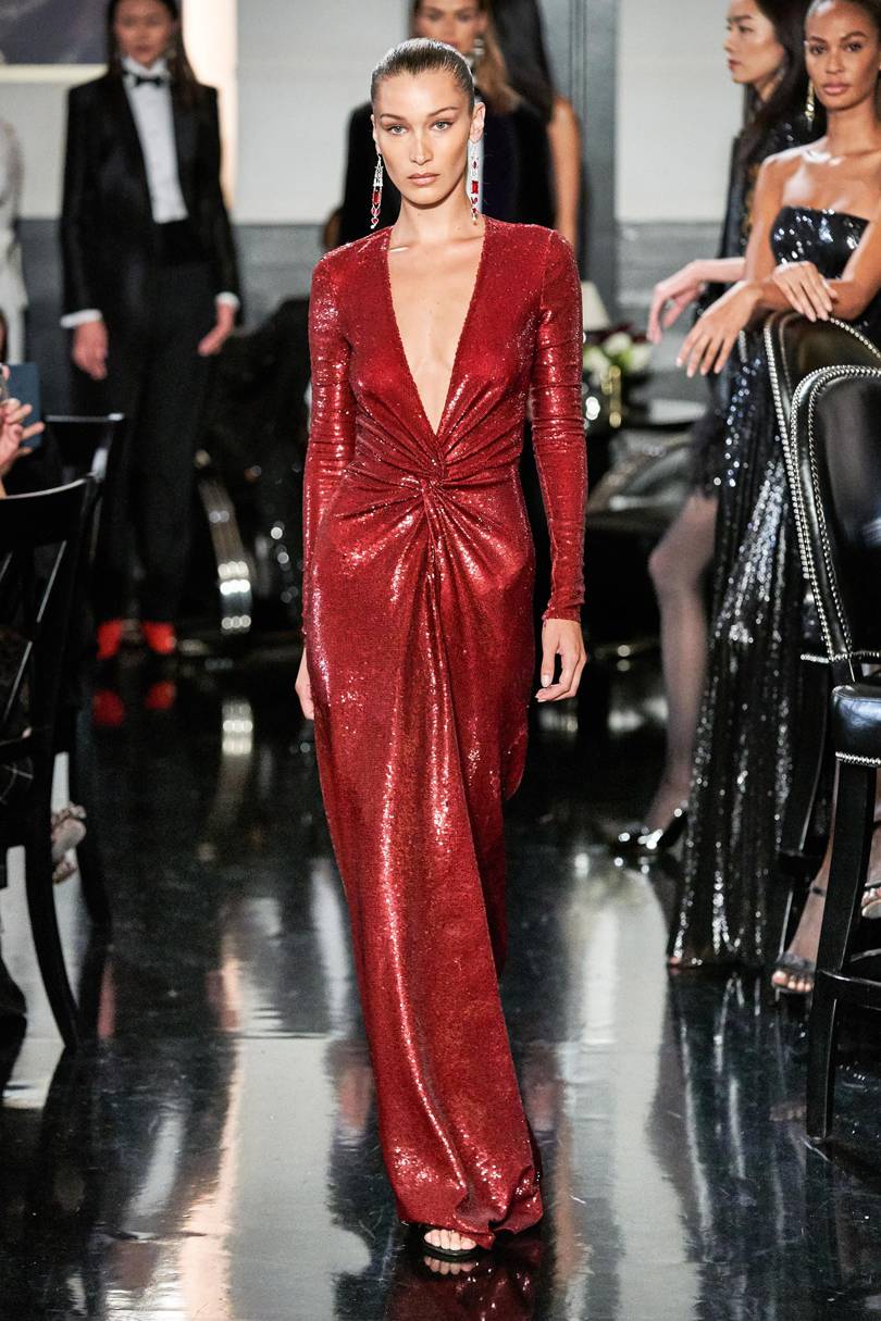 Bella Hadid Red Sparkly Dress Christmas Ralph Lauren Fashion Show